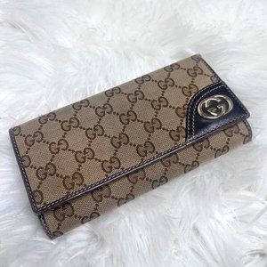 GUCCI GG Canvas Leather Long Wallet Beige Dark Brown